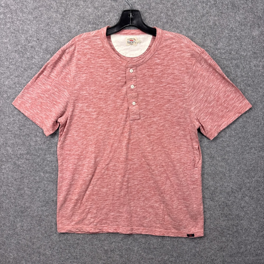 Faherty Mens Henley Shirt Large Red Heathered Slub Cotton Short Sleeve